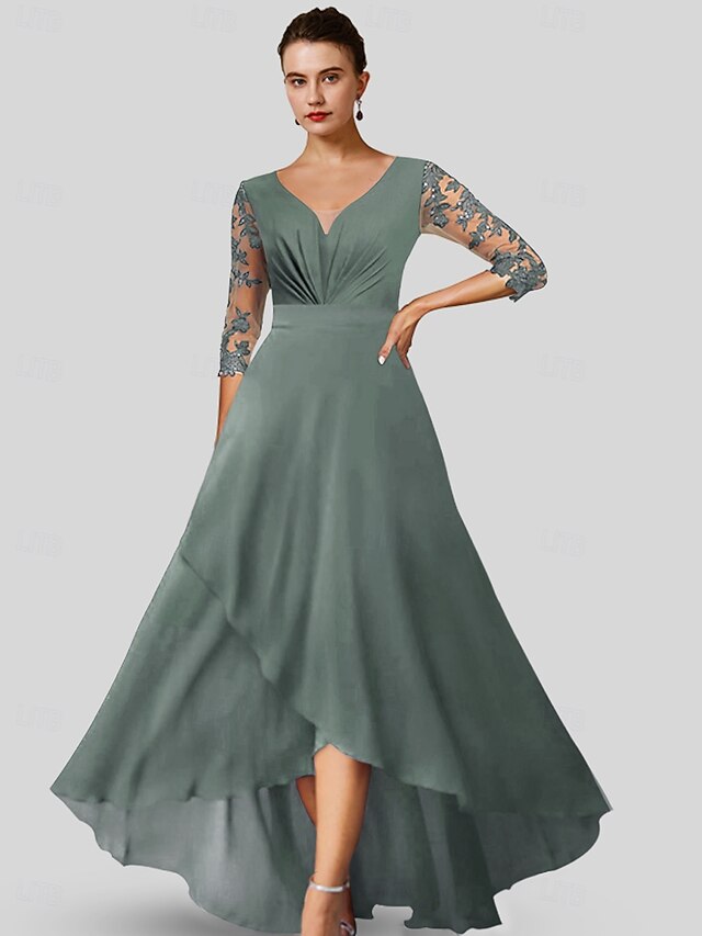 A-Line Mother of the Bride Dress Wedding Guest Elegant High Low V Neck ...
