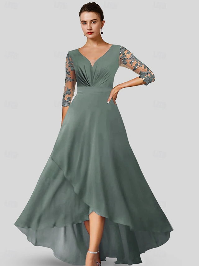 A-Line Mother of the Bride Dress Wedding Guest Elegant High Low V Neck ...