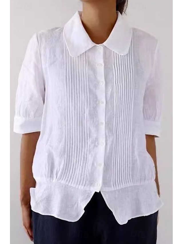  Per donna Camicia Camicie di cotone e lino Abbottonare Blusa Semplice Essenziale Moderno Manica Corta Colletto a Camicia Top Regolari Quotidiano Ferie Uscire Bottoni Bianco Estate