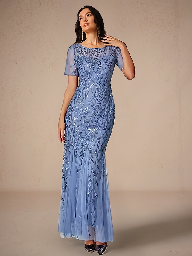  Mermaid / Trumpet Wedding Guest Dresses Elegant Dress Wedding Guest Birthday Floor Length Short Sleeve Crew Neck Tulle with Sequin Embroidery