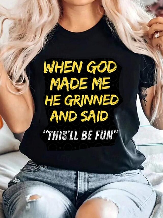 Women's T Shirt Graphic Letter Stylish Casual Short Sleeve Round Neck Regular Tops Daily Weekend Print Black Summer Spring GOD3