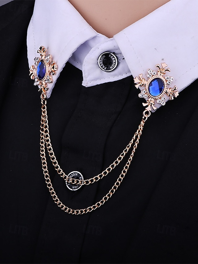  Vintage Blue Gem Collar Chain Brooch – Elegant Double Chain Lapel Pin for Men & Women, Gothic Victorian Style Shirt & Suit Accessory, Formal Wedding & Party Jewelry