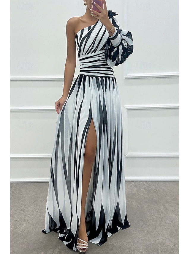 Damen kleid lang Ballkleid abendkleider Cocktailkleid Modisch Party Tee-Party Ausgehen Regular Fit Farbblock Langarm Ein-Schulter Weiß Grün Rosenrot Sommer