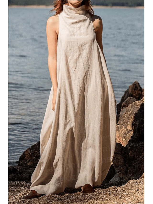  Femmes Robe Longue Maxi Robe Robes inspirées du lin Robe en coton et lin Mode Classique Moderne Vacances Sortir Week-end Coupe régulière Uni Sans manches Col roulé Noir Kaki Gris foncé Bleu clair Été