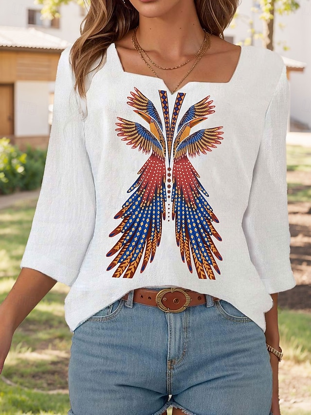  Kvinnors Blus Grafisk Paisley Elegant Linne-liknande 3/4 Långärmad Klädd Skärning Regular Tops Daglig Ute Print Vit Sommar
