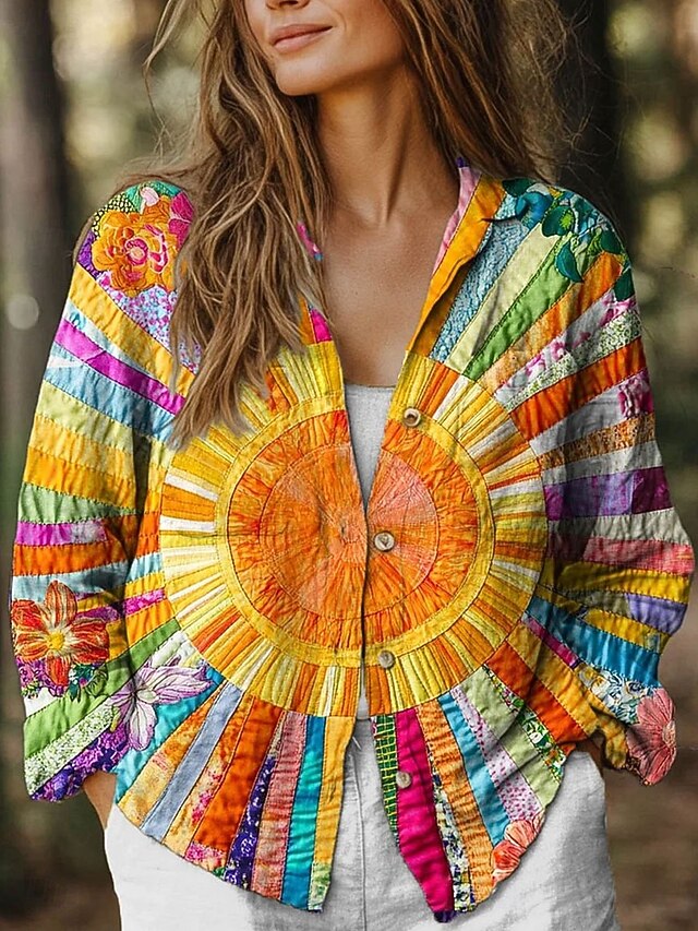 Women's Shirt Button Down Tunic Shirt Collar Long Sleeve Ombre Graphic Casual Regular Tops Work Daily s Print Orange Spring Fall Winter4