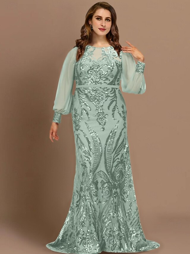 Mermaid Plus Size Curve Mother of the Bride Dresses Elegant Dress Formal Wedding Guest Sweep / Brush Train Long Sleeve Jewel Neck Chiffon with Sequin free custom size 12