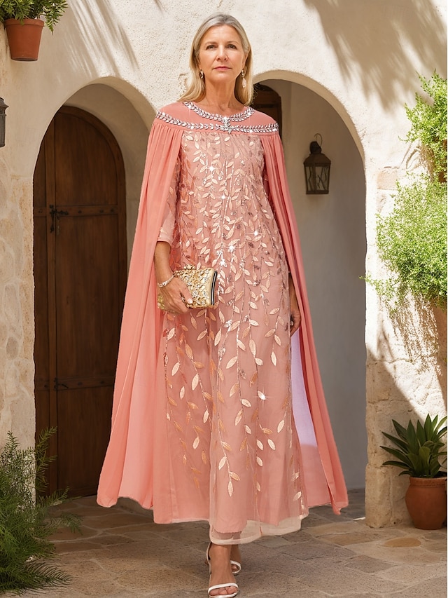  A-Line Cape Dress Mother of the Bride Dress Elegant Vintage Party Crew Neck Floor Length Chiffon Long Sleeve with Beading Embroidered Lace Applique