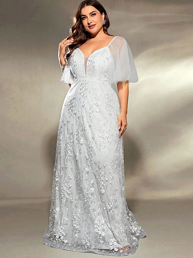  Plus Size Jurk Moeder van de Bruid Curve Jurk Elegant V Hals Vloerlengte Polyester Korte Mouw met Kant