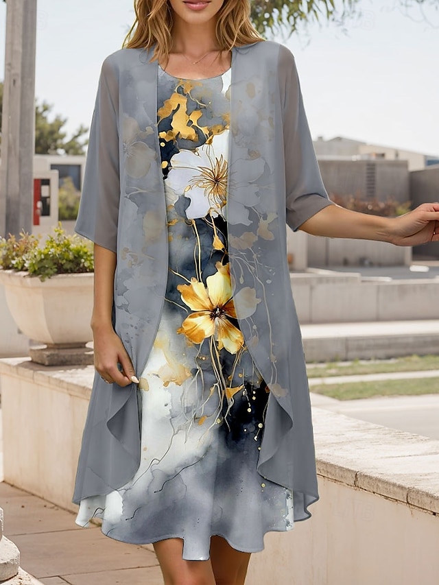 Women's Graduation Midi Dress 2 Pieces Dress Set A Line Dress Summer Dress Vacation Casual Floral Graphic Pleated Print Half Sleeve Crew Neck Vacation Daily Gray Spring Fall Regular Fit