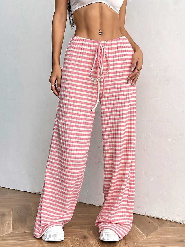  Per donna Pantaloni Casual Lunghezza intera Naturale A righe Elasticizzato Casual Quotidiano Grigio chiaro Marrone e nero Blu cielo e Bianco Bianco / Rosa Estate