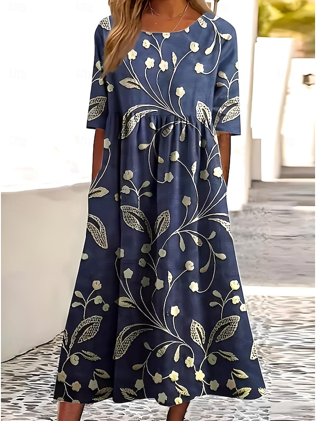  Pentru femei Rochii Midi Rochie de Vară Rochie plisata Vacanță Casual Stiluri de Plajă Zilnic Ieșire Rochie de vară Potrivire Largă Floral Grafic Manșon scurt Stil Nautic Alb Roz Îmbujorat Albastru