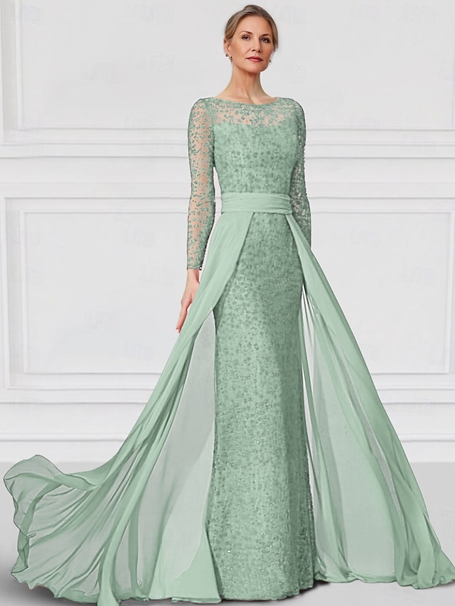 Kleid  Säulen-Kleid Brautmutter Kleid Elegantes Bateau-Ausschnitt Bodenlang Chiffon Spitze Lange Ärmel mit Spitze Einfarbig