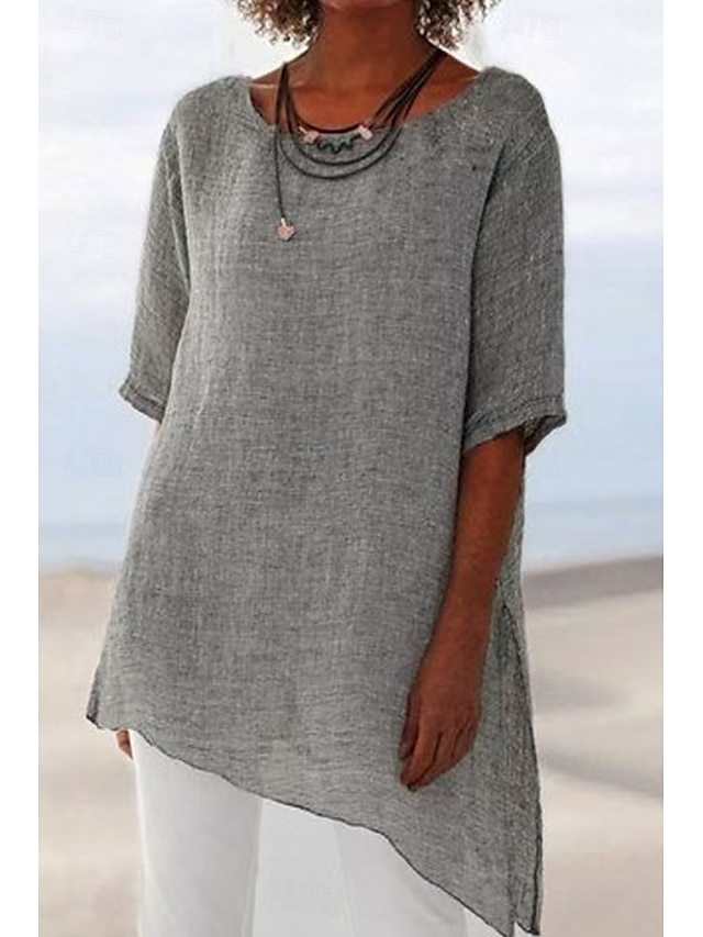  Per donna Blusa Camicie di cotone e lino Semplice Moderno Casual Manica Corta Girocollo Top Regolari Quotidiano Ferie Uscire Orlo asimmetrico Verde militare Marrone chiaro Viola Grigio Estate