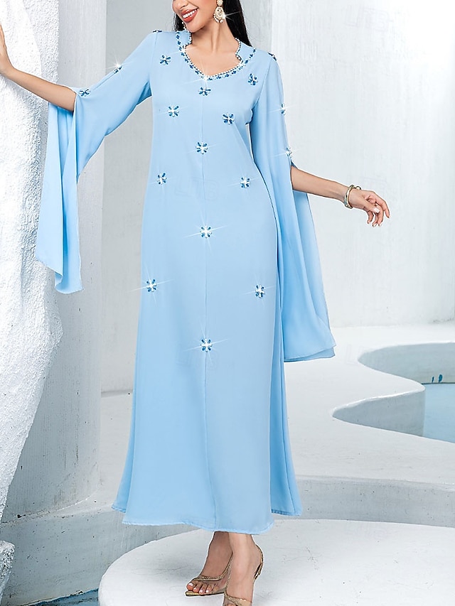  Blaue Glitzer Mutter der Braut Kleid Elegantes Hochzeitsgastkleid V-Ausschnitt Maxi-Länge Chiffon Lange Ärmel mit Kristallen