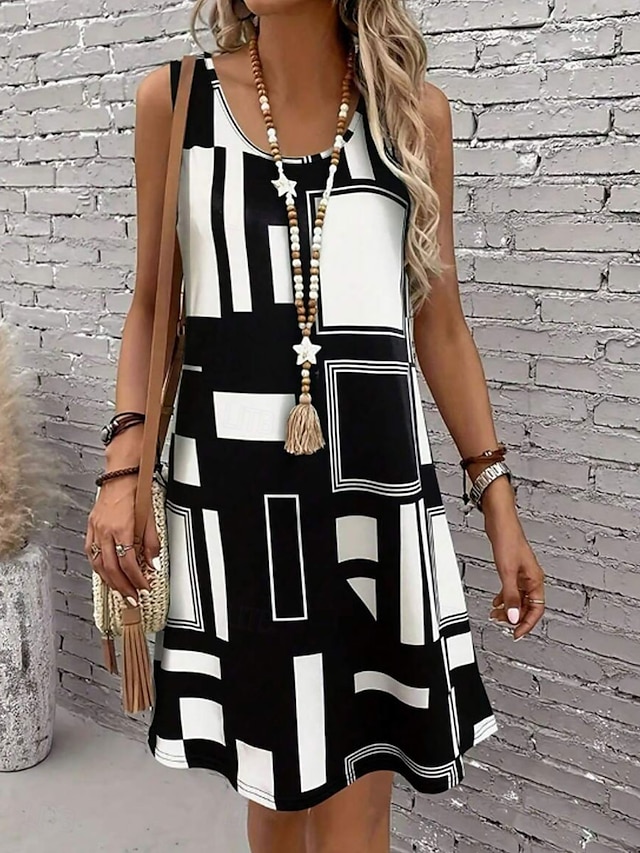  Damen Mini Kleid A-Linien Kleid Sommer Kleid Schulterfreies Kleid Urlaub Lässig Täglich Lockere Passform Grafik Geometrisch Ärmellos U-Ausschnitt Schwarz Sommer