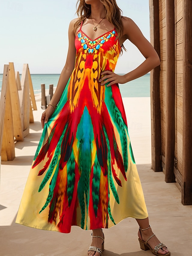  Damen Maxikleid A Linie Kleid Sommerkleid Unterkleid Urlaub Lässig Täglich Normale Passform Grafik Stammes Ärmellos V Ausschnitt Orange Sommer Frühling