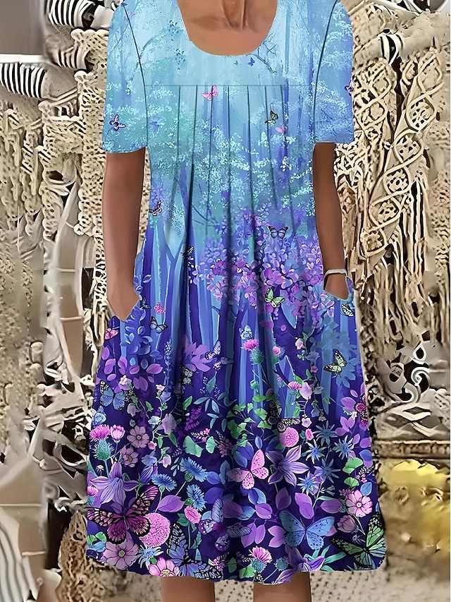  Abito Mini Femminile Abito Casual Abito Estivo Elegante Vacanza Vintage Vacanza Quotidiana Fit Largo Floral Grafica Maniche Corte Collo a Girocollo Blu Estate
