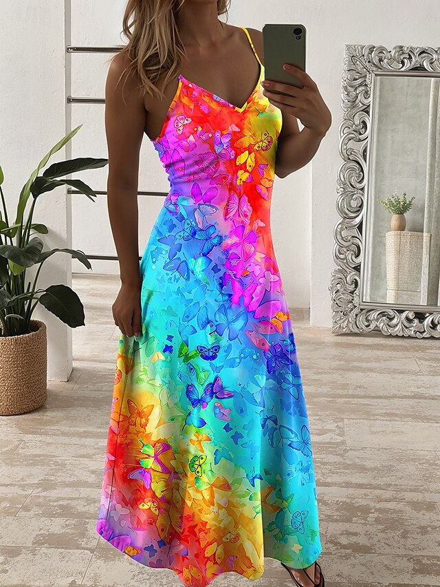  Damen Maxi Kleid A-Linie Kleid Sommer Kleid Slip Kleid Urlaub Casual Alltag Regelmäßige Passform Ombre Grafik Schmetterling Ärmellos V-Ausschnitt Regenbogen Sommer Frühling