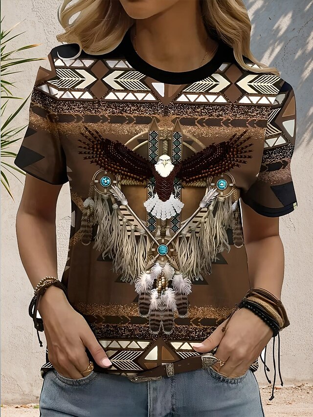 Women's Boho T Shirt  Western T Shirt Graphic Geometric Tribal Bohemia Vintage Stylish Short Sleeve Round Neck Regular Tops Daily Going out Weekend Print Brown Summer Spring3