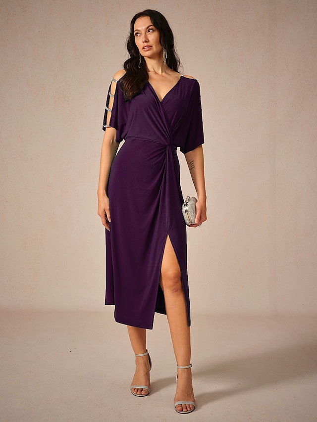 Femme Robe mi-longue Robe en maille Elégant mode Soirée Rendez-vous Standard Couleur unie Manche Courte Col V Aubergine Eté