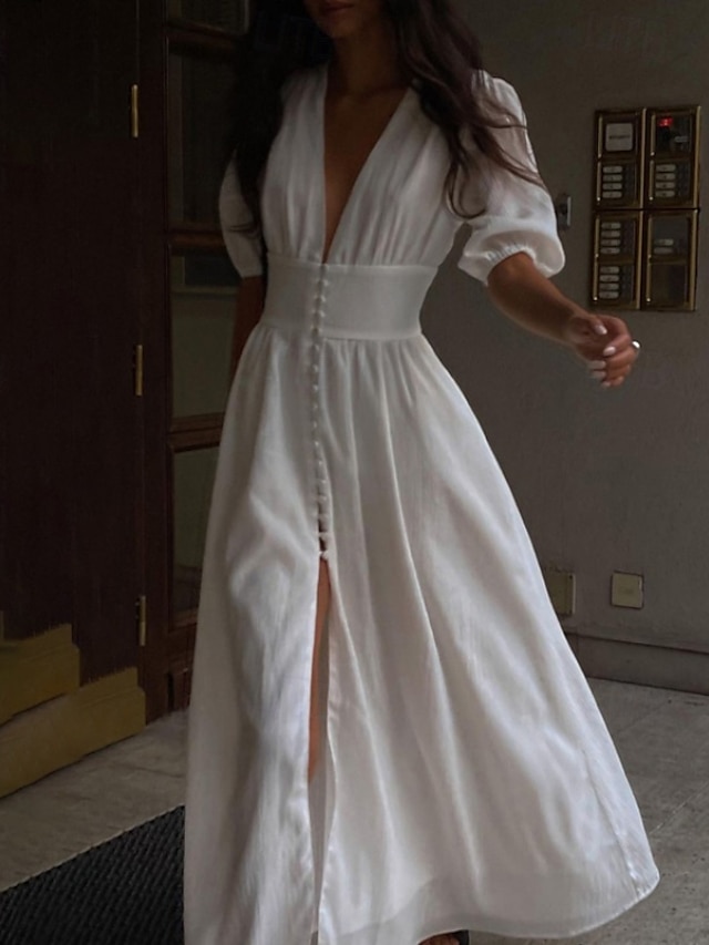  Per donna Abito Midi Abito Bianco Moda Moderno Compleanno Ferie Laurea Vestibilità regolare Semplice Manica Corta Scollo a V Nero Bianco Estate