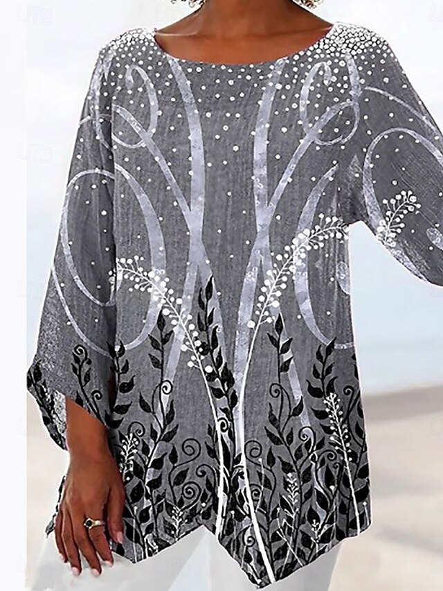 Women's Blouse Long Sleeve Asymmetrical Hem Floral Graphic Stylish Beach Short Sleeve V Neck Regular Tops Daily Print Gray Spring Fall3