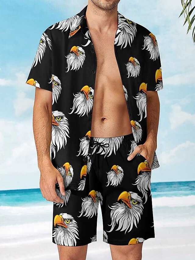  男性用 イーグル 2個 シャツセット 夏のトップス 半袖 ショートパンツ 折襟 リゾート カジュアル 日常 バケーションウェア 3Dプリント 夏 ブラック