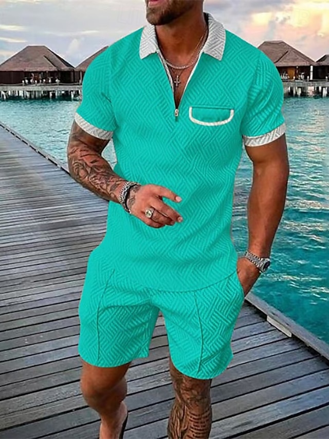  Férfi Quarter Zip Polo Golfing Napi Szabadság Hajtóka Rövid ujjú Divat Alap Sima Zseb 2 db Nyár Normál Fekete Arcpír rózsaszín Rubin Sötétkék Lóhere Katonai zöld Quarter Zip Polo