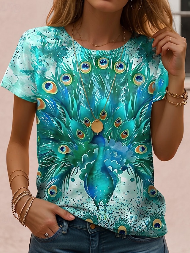  Women's T Shirt Ombre Graphic Feather Casual Short Sleeve Round Neck Regular Tops Daily Going out Weekend Print Grass Green Sage Green White Yellow Dark Green Summer