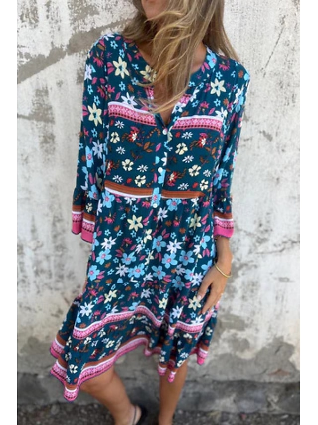  Damskie Sukienka mini Bawełniana lniana sukienka Sukienka Boho Klasyczny Nowoczesny Urlop Codzienny Święto Regularny Kwiat Rękaw 1/2 W serek Granatowy Królewski błękit Fioletowy Lato