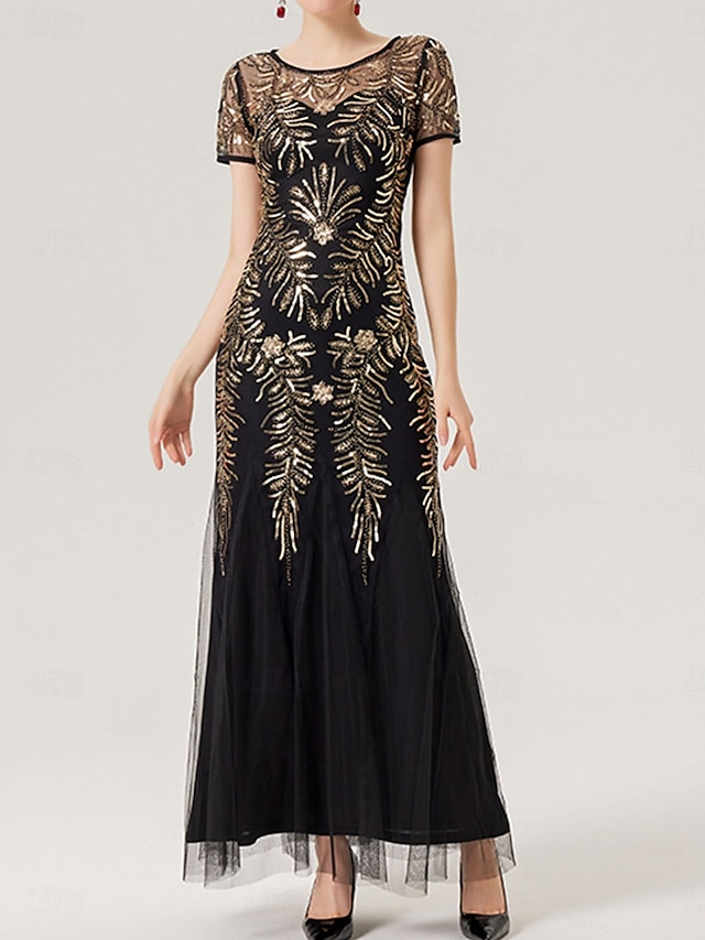  Dress Mother of the Bride Dress Party Black Dress Sparkle & Shine Crew Neck Floor Length Polyester Short Sleeve with Sequin