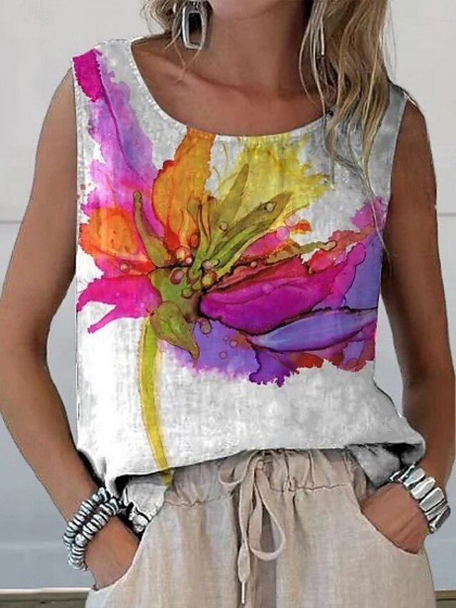 Women's Tank Top Floral Stylish Modern Sleeveless Crew Neck Regular Tops Daily Holiday Print White Yellow Purple Summer4