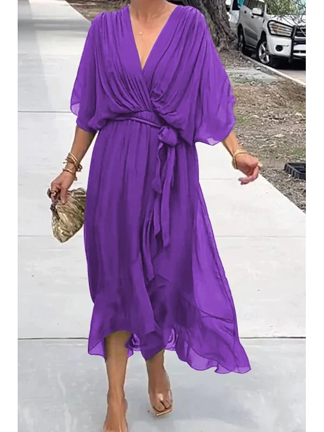  Femme Robe mi-longue robe cocktail Robe d'été Mode Manche Chauve-souris Vacances Rendez-vous Sortie Standard Plein Demi Manches Col V Bleu Violet Vert Printemps