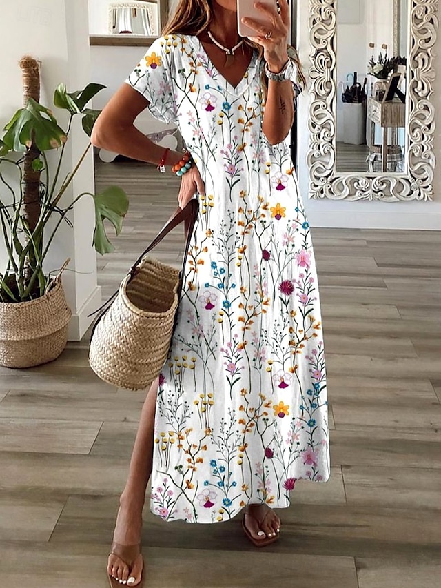  Damen Maxi Kleid A-Linie Kleid Sommerkleid Elegant Urlaub Urlaub Täglich Reguläre Passform Floral Grafik Kurzarm V-Ausschnitt Weiß Sommer Frühling Herbst