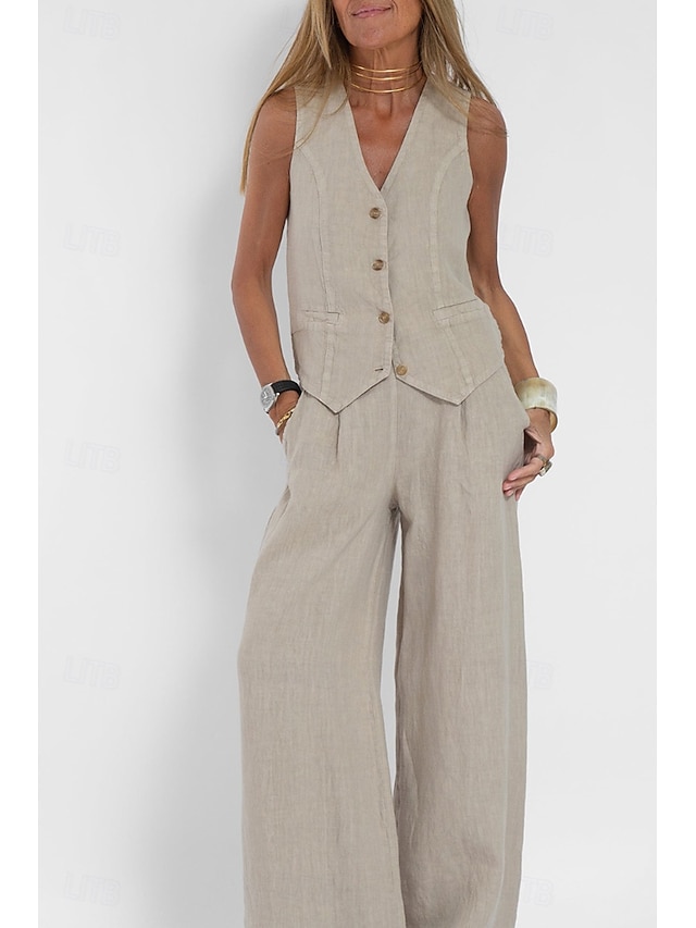  Women's Active Basic Linen-Inspired Sets Two Piece Sets Blouse Sleeveless V Neck Solid Color Dubbele Rij Knopen Vacation Casual Daily Black White Wine Summer Regular Fit