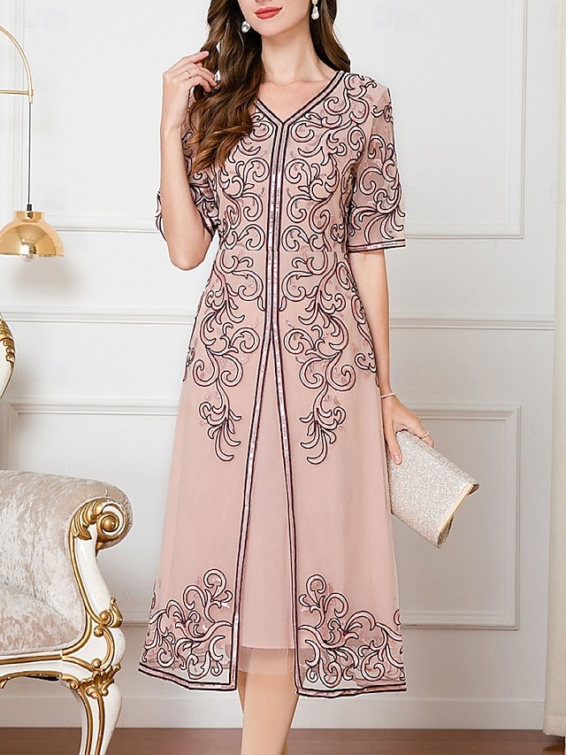  Kleid Brautmutterkleid Hochzeitsgast Elegant Chinesischer Stil V Ausschnitt Knielang Polyester Baumwollmischung Halbarm mit Stickerei 2025