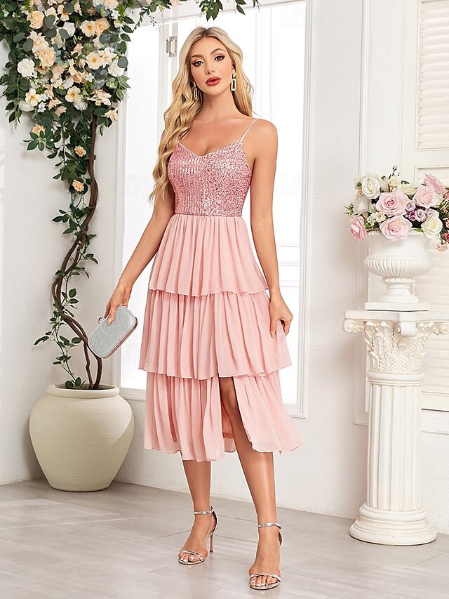  Sheath  Column Partykleider Partykleid Cocktailparty Teelänge Ärmellos V-Ausschnitt Rosa Kleid Chiffon Rückenfrei mit Falten Pailletten