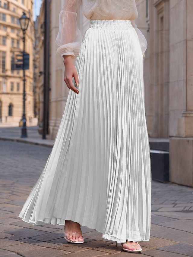  Femmes Jupe Jupe Longue Mode Longue Maxi Taille haute Jupes Couleur Unie Froncé Plissé Chatoyant Micro-Élastique Quotidien Fête Argent Bleu de paon Bleu marine Noir Printemps, Automne, Hiver, Été