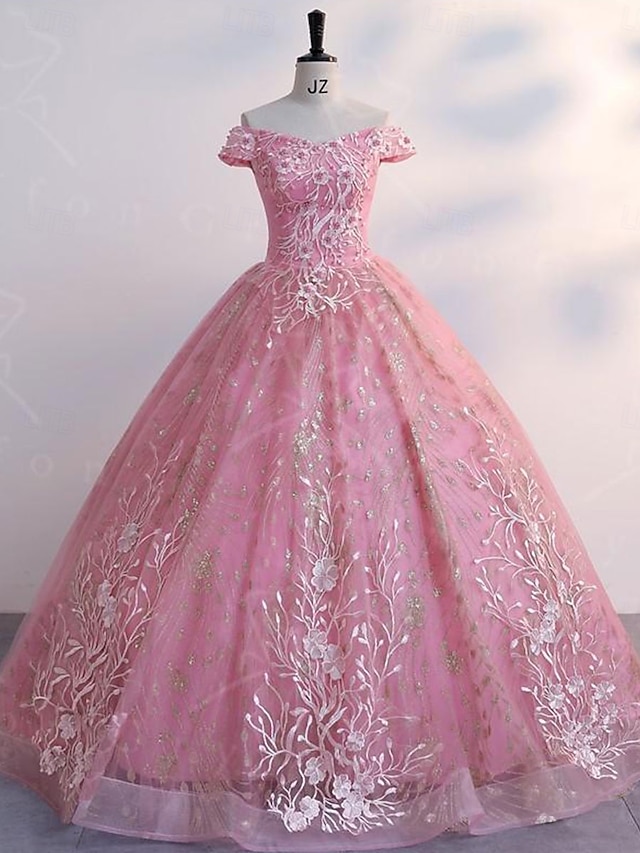  Rochie de Bal A-Line pentru Quinceanera Rochie Elegantă Nuntă Invitat Nuntă Lungime până la Podea Fără Mâneci Off Shoulder Dantelă Spate Decupat cu Plisuri Paiete