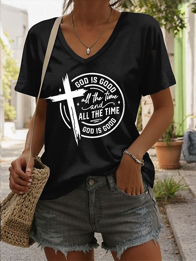  Women's T Shirt Graphic Letter Casual Short Sleeve V Neck Regular Tops Daily Print Black Blue Green Summer Spring