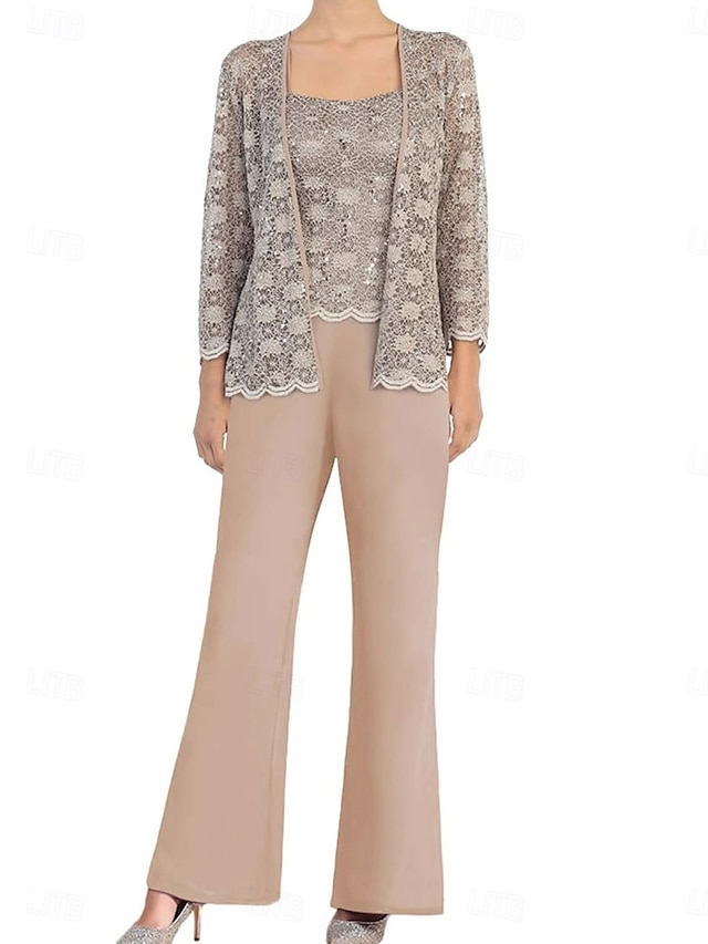  Hosenanzug Mutter der Braut Kleid Elegantes einfaches Rundhals Knöchellang Polyester Langarm mit Spitze Einfarbig