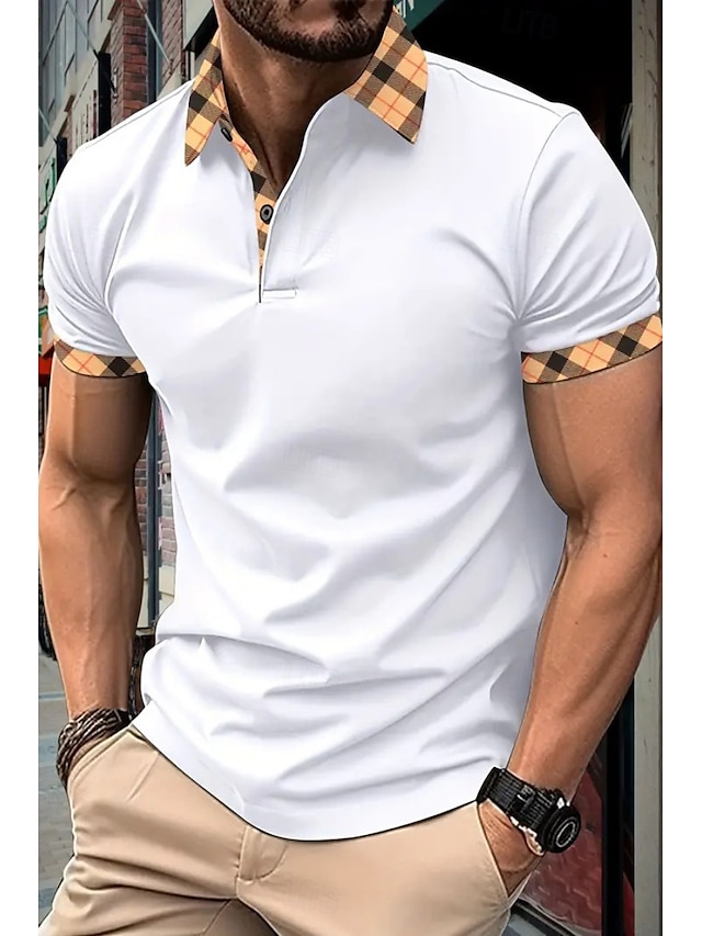  Men's Golf Shirt Golf Polos Shirts Formal Work Lapel Short Sleeve Modern Comfortable Color Block Patchwork Buttons Summer Spring Regular Fit Wine Apricot Black White Dark Navy Orange Golf Shirt