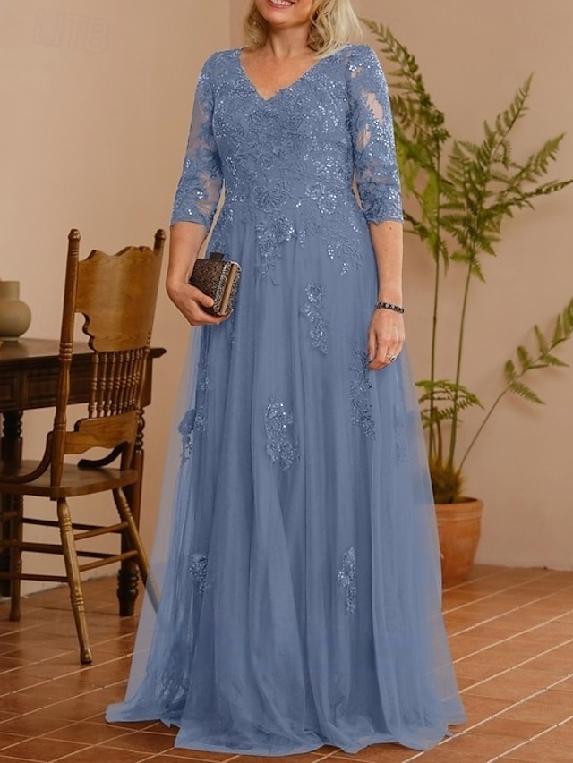  A-Line Mother of the Bride Dress Wedding Guest Elegant V Neck Floor Length Lace Tulle 3/4 Length Sleeve with Beading Appliques 2025