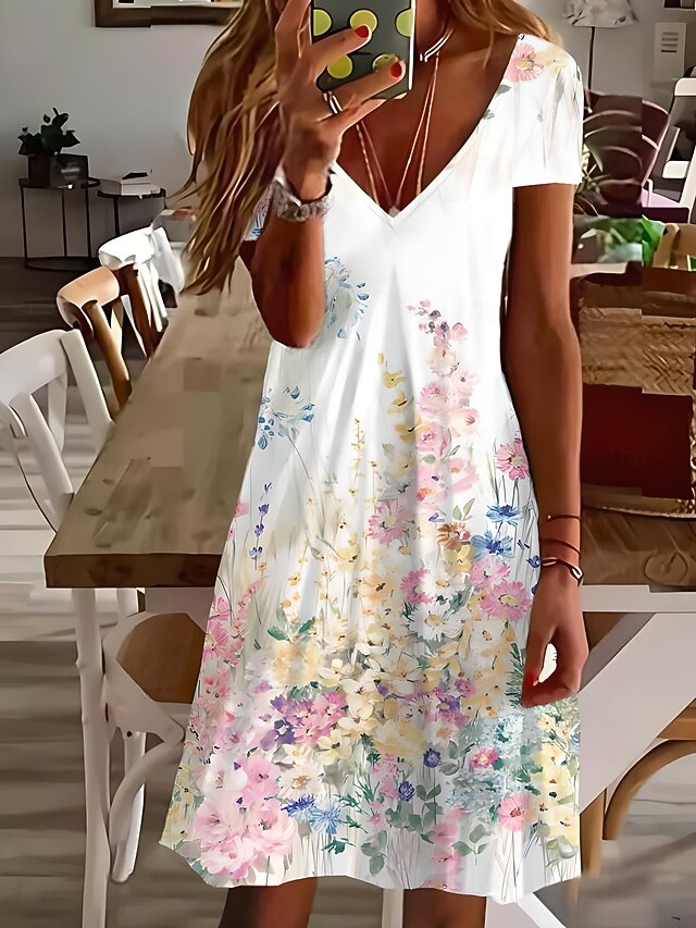 Women's Mini Dress A Line DressSundress Summer Dress Vacation Casual Vacation Daily Regular Fit Floral Graphic Short Sleeve Crew Neck White Summer3