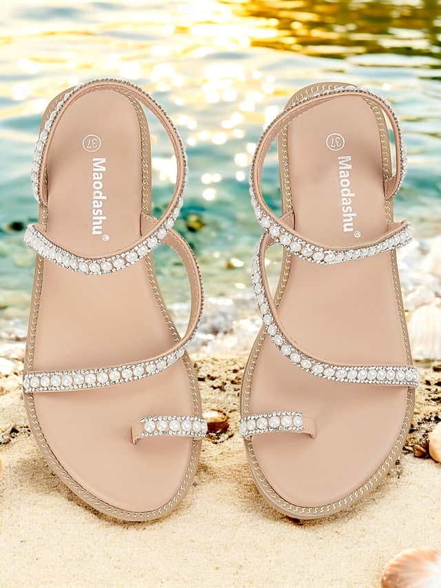  Women's Pearl Strappy Flat Sandals – Elegant Rhinestone Beach Sandals for Summer, Weddings, and Casual Outings