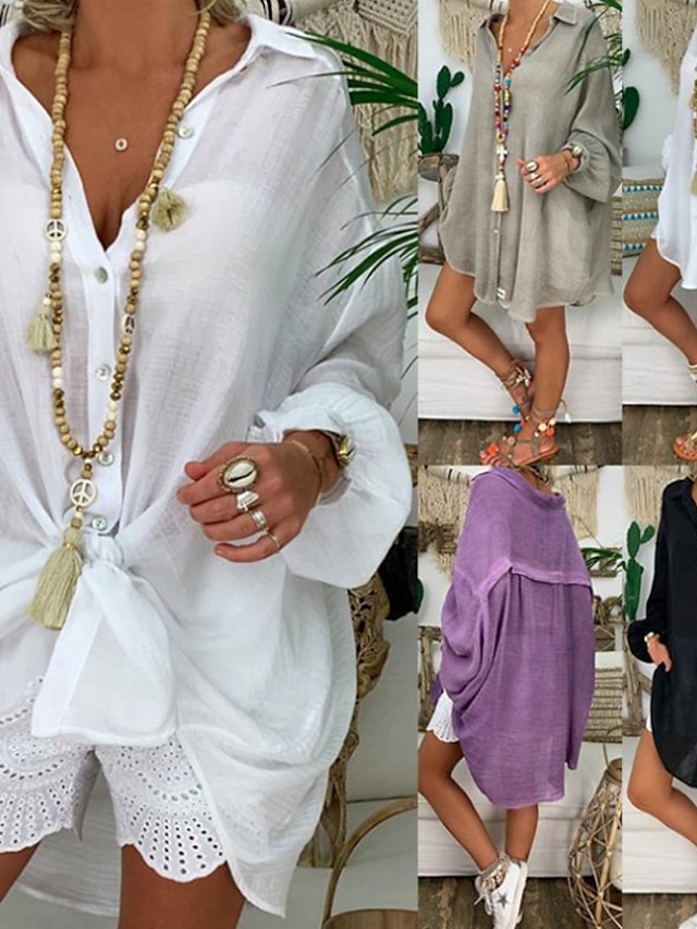  Per donna Camicia Camicie di cotone e lino Abbottonare Blusa Semplice Essenziale Moderno Casual Manica Lunga Colletto a Camicia Top lunghi Quotidiano Ferie Uscire Bottoni Nero Bianco Blu Viola Grigio