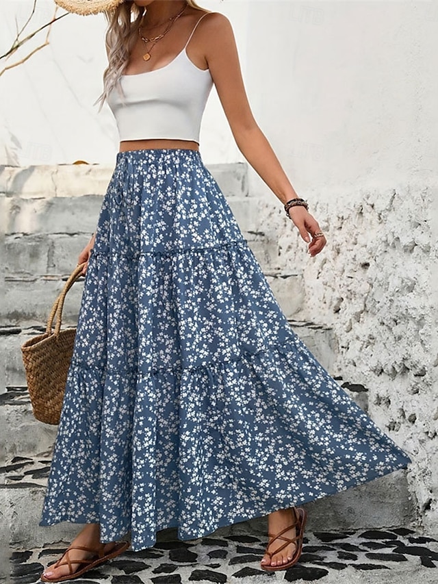  Dame الالتفاف Huske Mote Fritid Maksi Høy Midje Skjørt Blomstret Drapering Trykt mønster Mikroelastisk Fritid / hverdag Helg Svart Blå Sommer Polyester