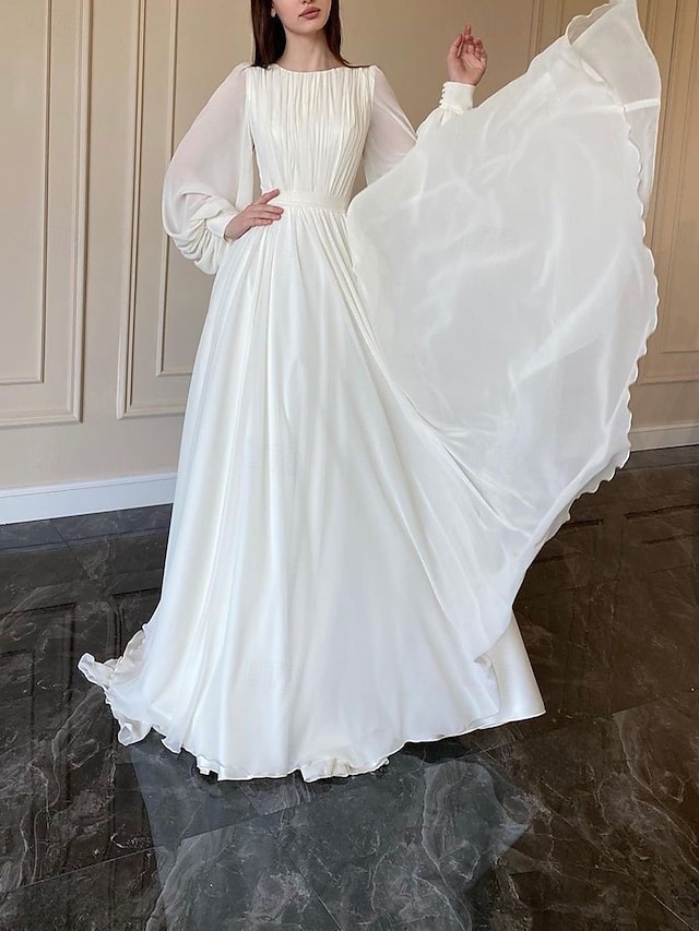  Erntedank Damen Normal kleid lang Weißes Kleid Chiffon-Kleid Schaukelkleid Elegant Ausgefallene Laternenärmel kleid hochzeitsgast Geburtstag Regular Fit Feste Farbe Langarm Rundhalsausschnitt Weiß