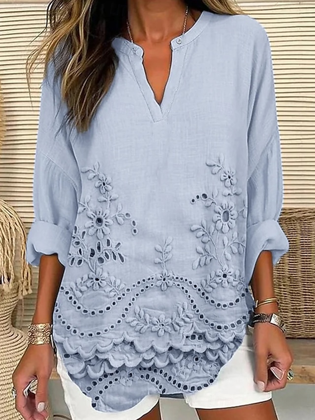  Kvinners Bluse Tunika V-hals Langermet Boho Kule Topper 3D Print Grafisk Grunnleggende Vanlige Topper Daglig Knapper Print Rosa Lys Blå